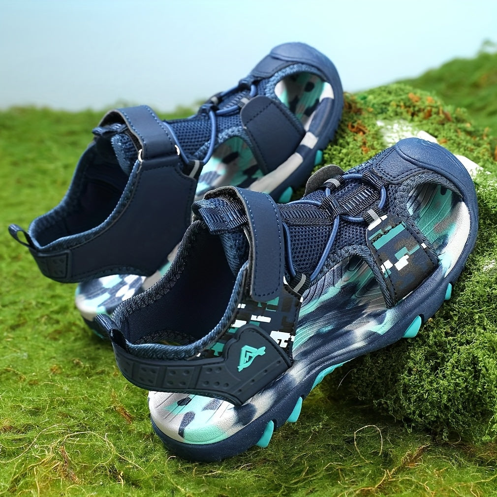 Sandalias deportivas casuales para niños con puntera redonda, cierre elástico y suela TPR