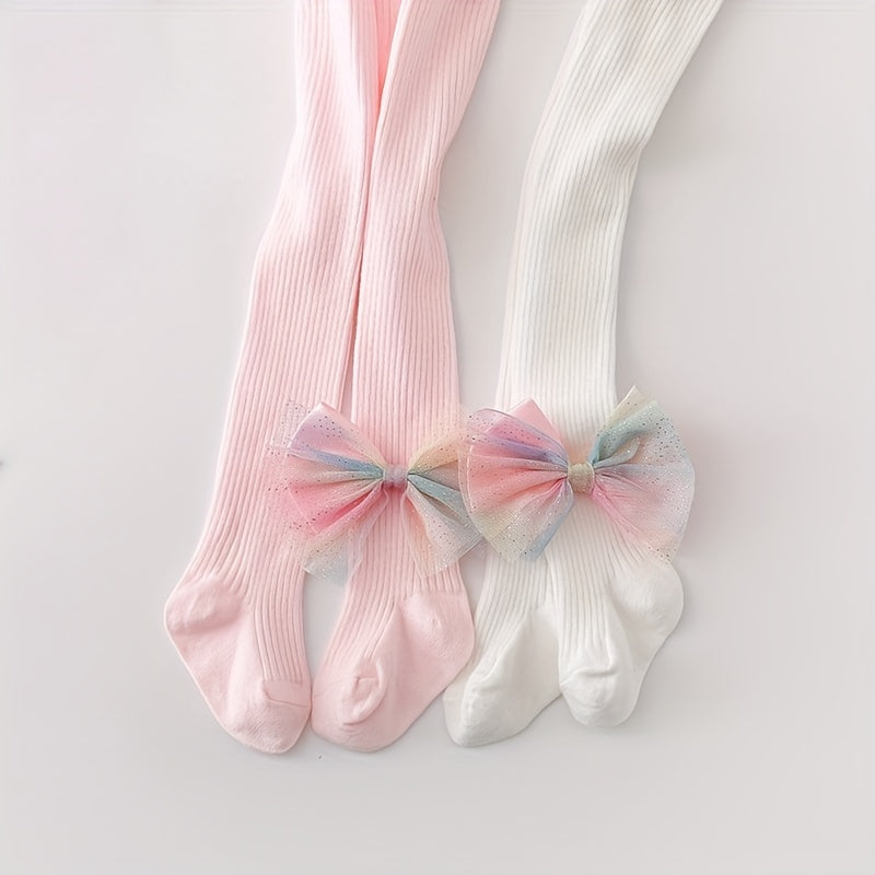 Girls Floret Patterned Pantyhose with Bow Tie Solid Knit Base Layer for Toddlers in Spring and Autumn