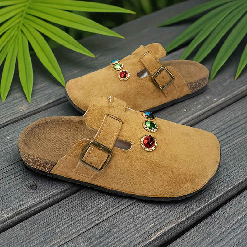Women's Beige Fabric Slip-On Mules with Sparkling Red and Green Gems
