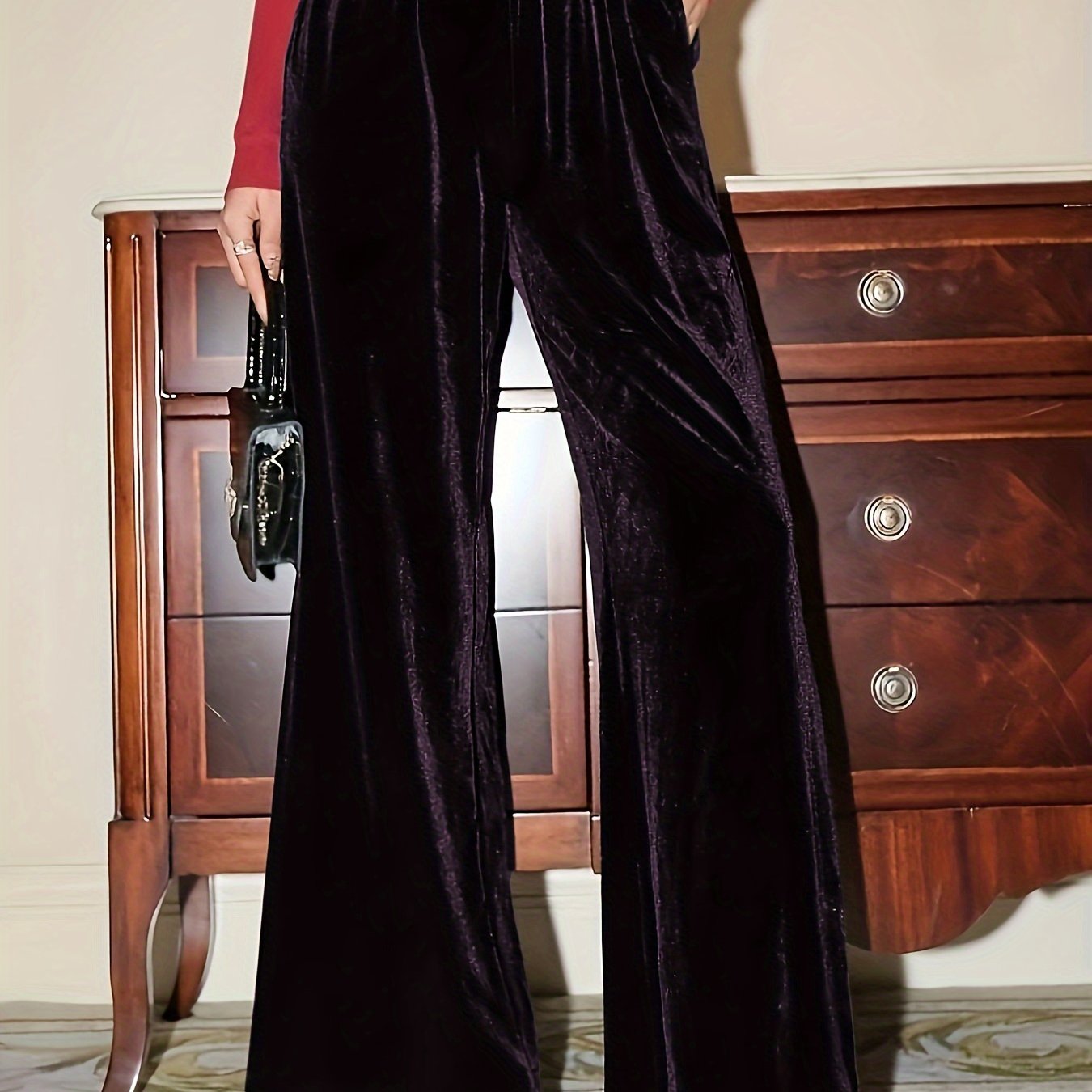 Plus Size Velvet Wide Leg Pants Elastic Waist Pockets Women's Clothing