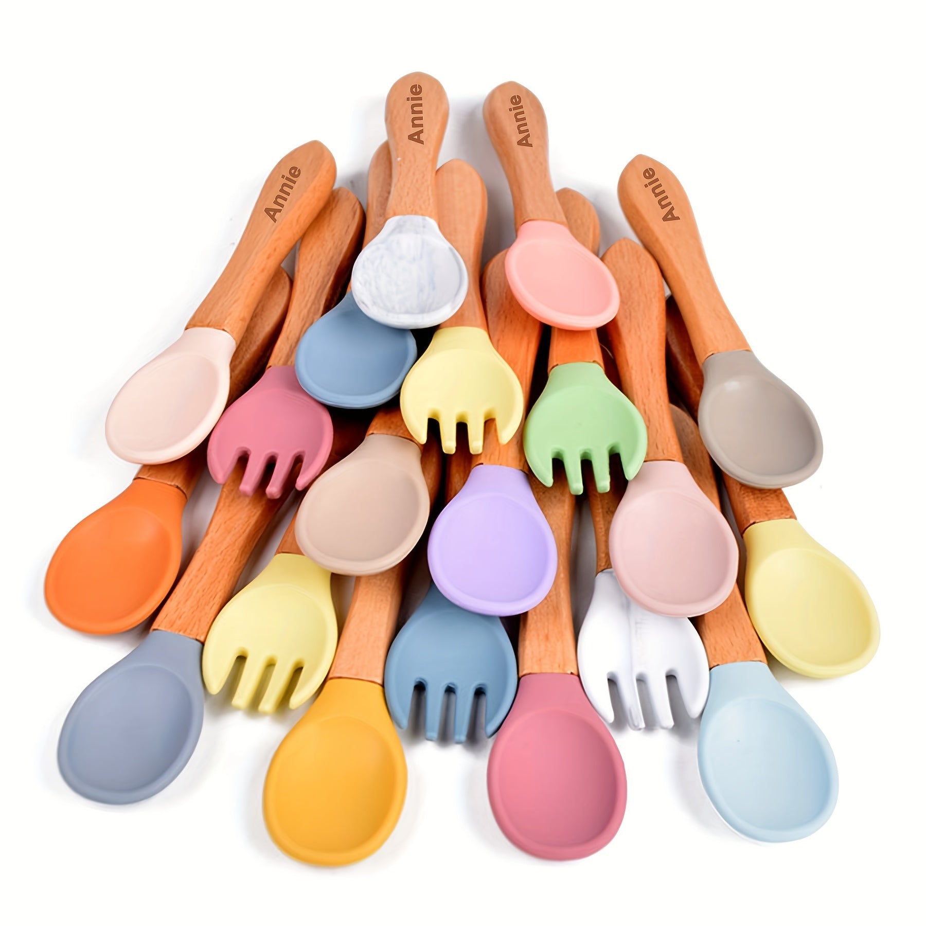 Набор из 2-х предметов персонализированных силиконовых ложки и вилки Ausbay для детей - прочный и надежный с ручкой с индивидуальным именем - идеален для детей и коллекционеров