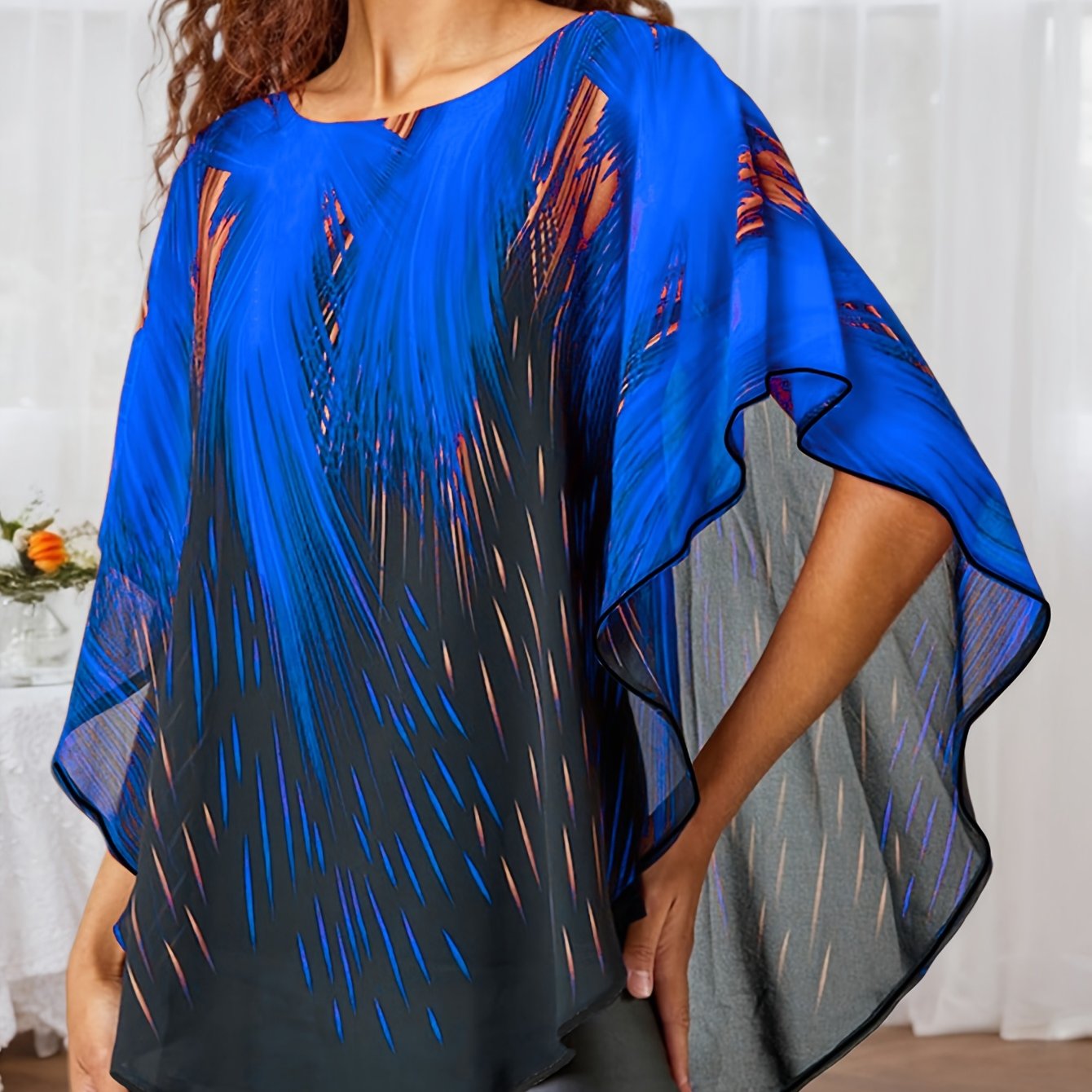 Plus Size Women's Mesh Panel Faux Two-Piece Top Black Turquoise Flame Print Short Sleeve Blouse