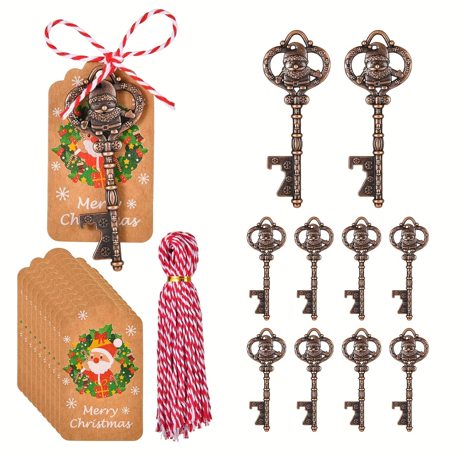 Santa Claus Bottle Openers Set for Christmas Party Favors with Cards and Ropes