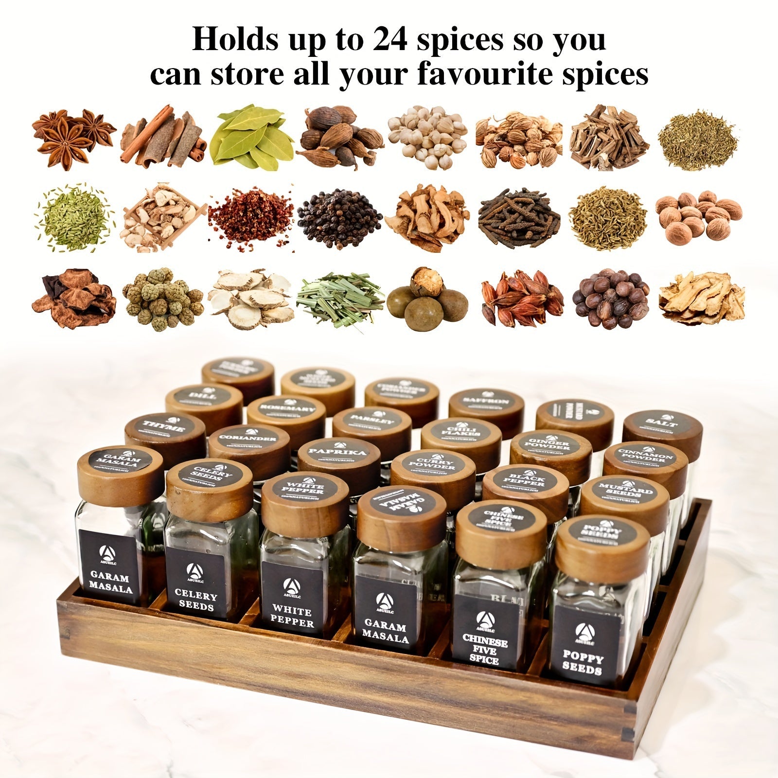 24-Piece Sandalwood Spice Rack Set with Glass Jars and Waterproof Labels