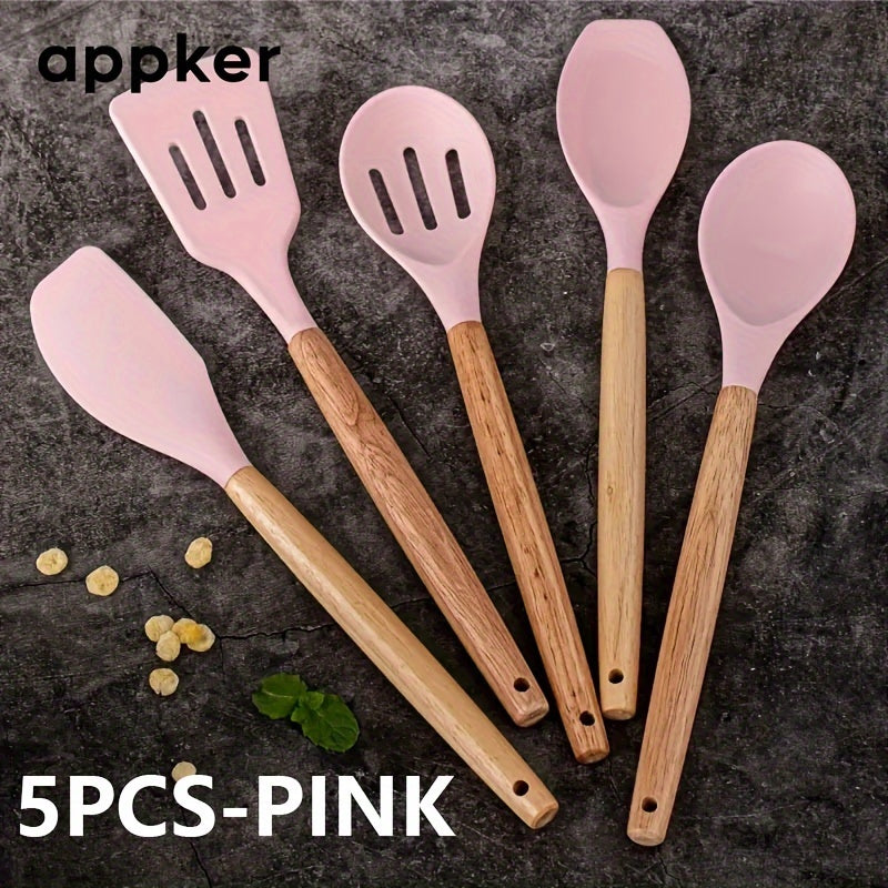 12-Piece Non-Stick Silicone Kitchen Utensil Set with Wooden Handles Heat-Resistant Durable Safe for Cooking and Baking