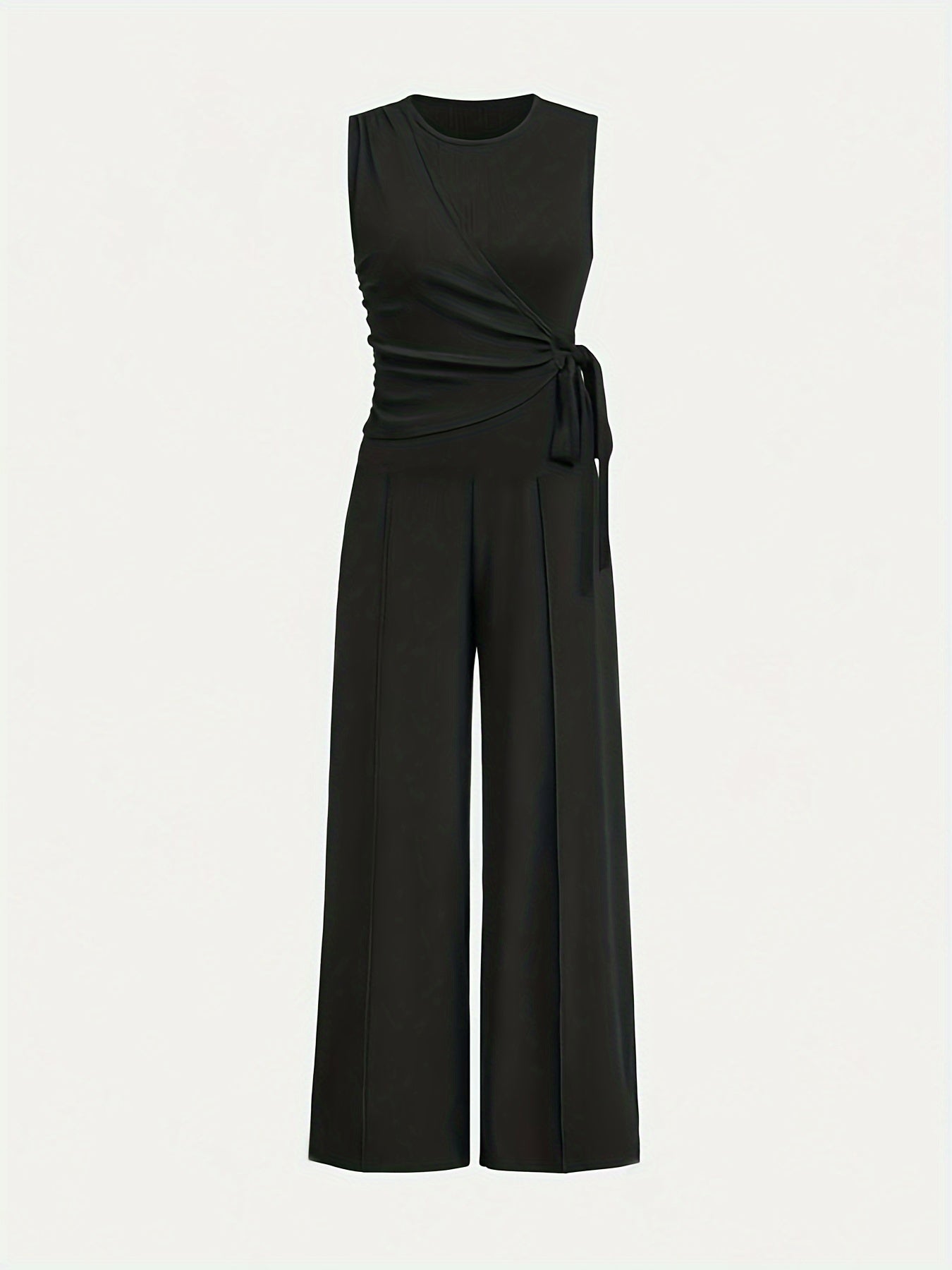 Women's Solid Color Pantsuit with Crew Neck Lace-Up Tank Top and Wide Leg Pants