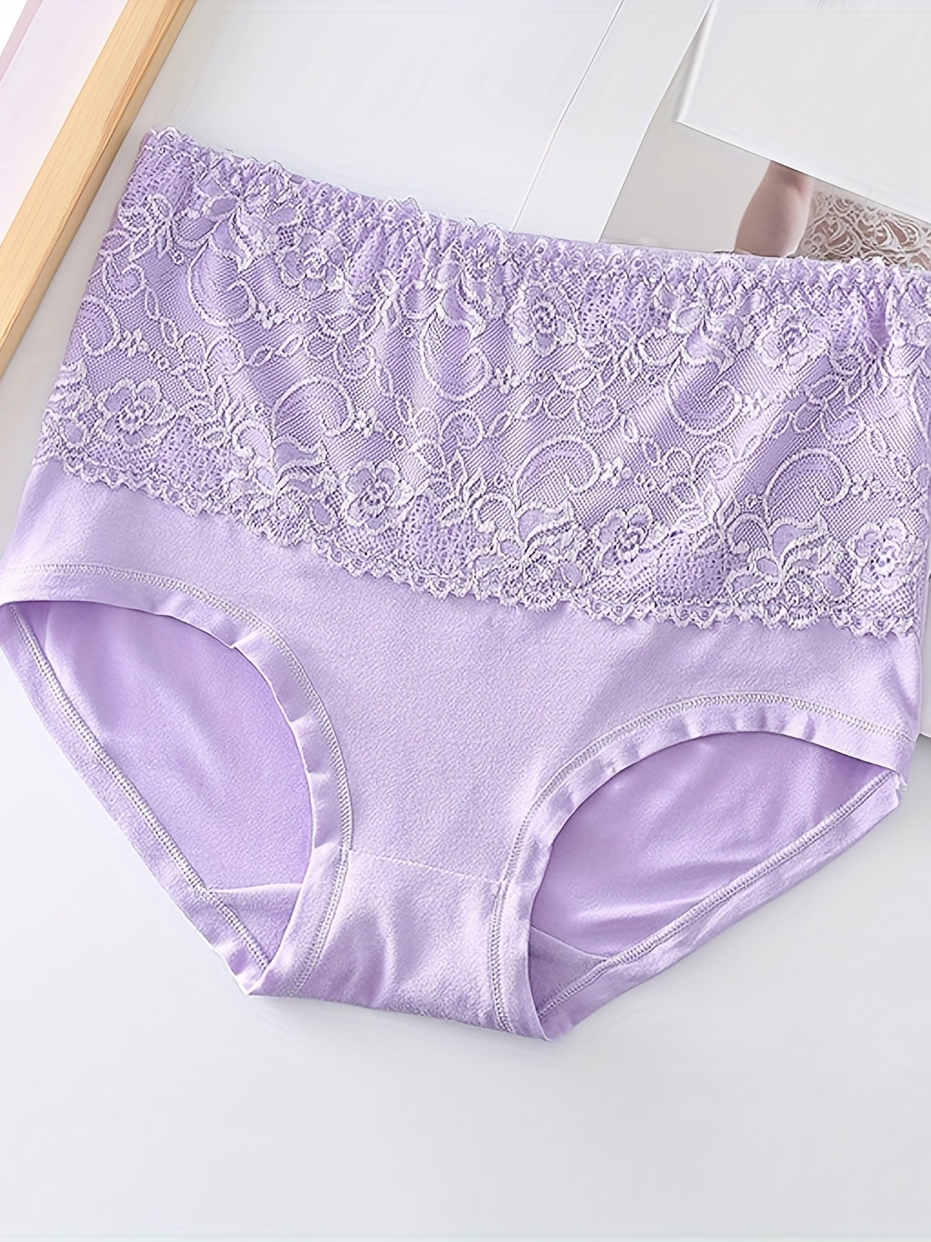 Комплект из 3 штук женских трусов с контрастным кружевом и высокой талией, размер плюс, нейлон-эластан
