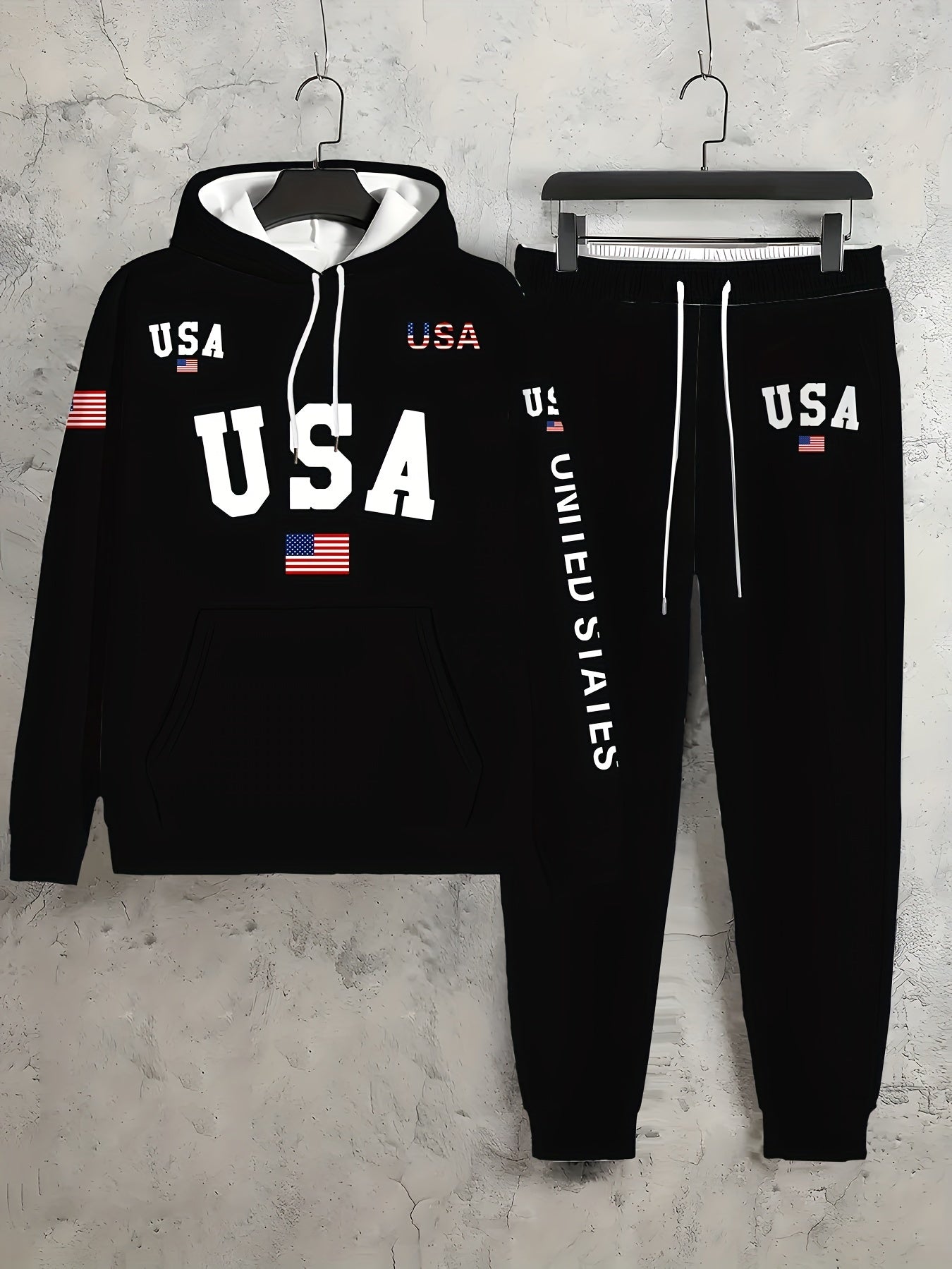 Комплект мужской патриотической толстовки и спортивных штанов большого размера с принтом американского флага, повседневный, осень-зима