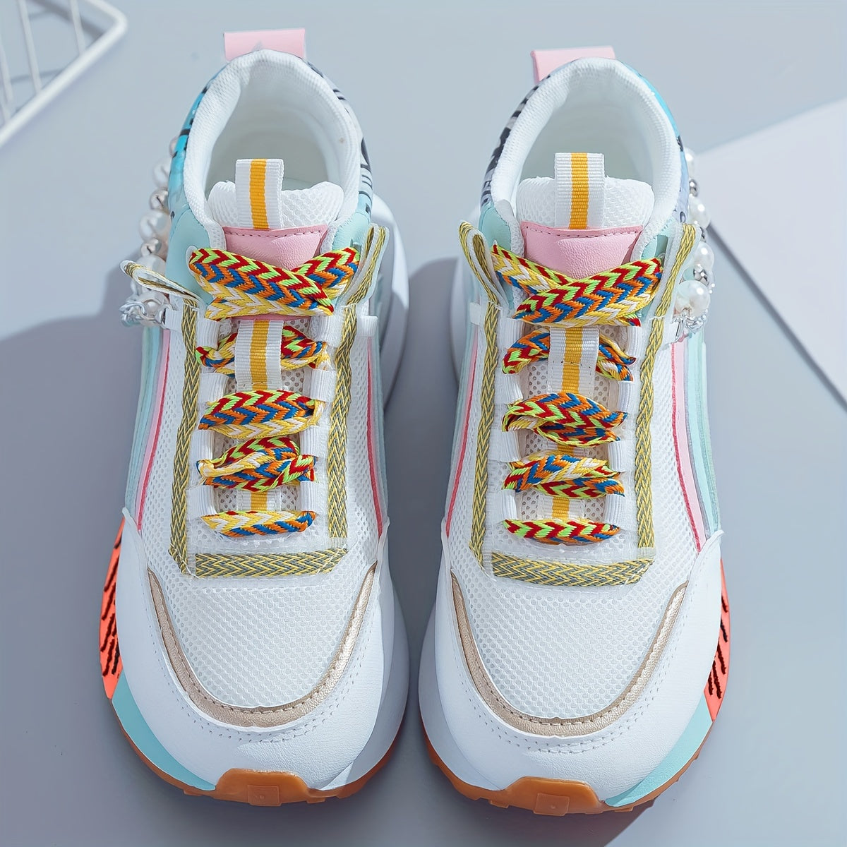 Women's Sneakers with Sparkling Bead Chain Breathable Mesh Lace-Up All-Season Mid Top