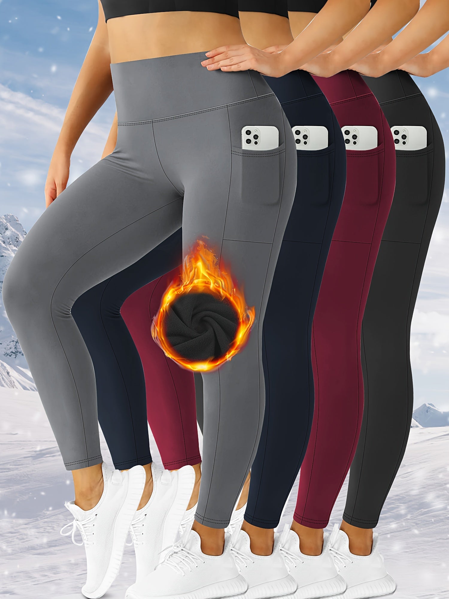 Leggings de cintura alta con forro de felpa y bolsillos para otoño/invierno