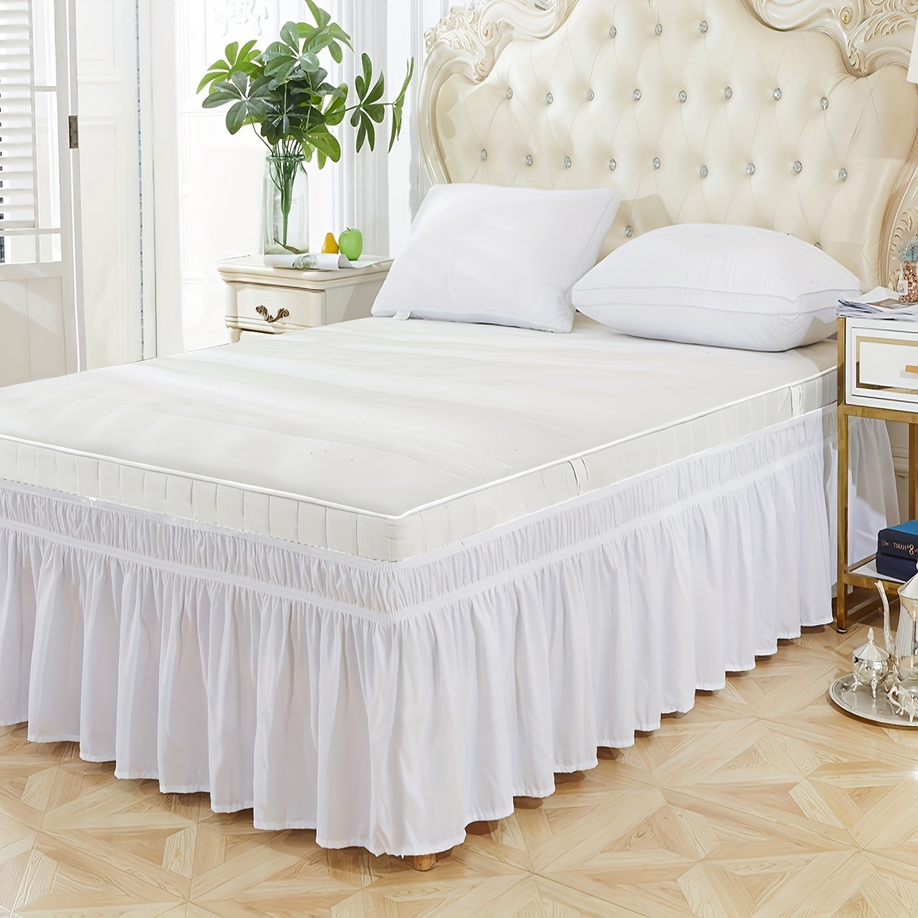 Elastic Bed Skirt in Pure Color Soft Bedding with Lotus Leaf Edge Design for Bedroom or Guest Room