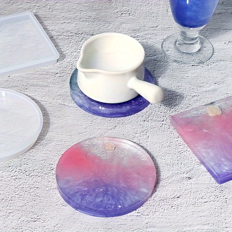 Round Silicone Mold for Epoxy Resin Coasters and Trays Marbled Blue Purple White