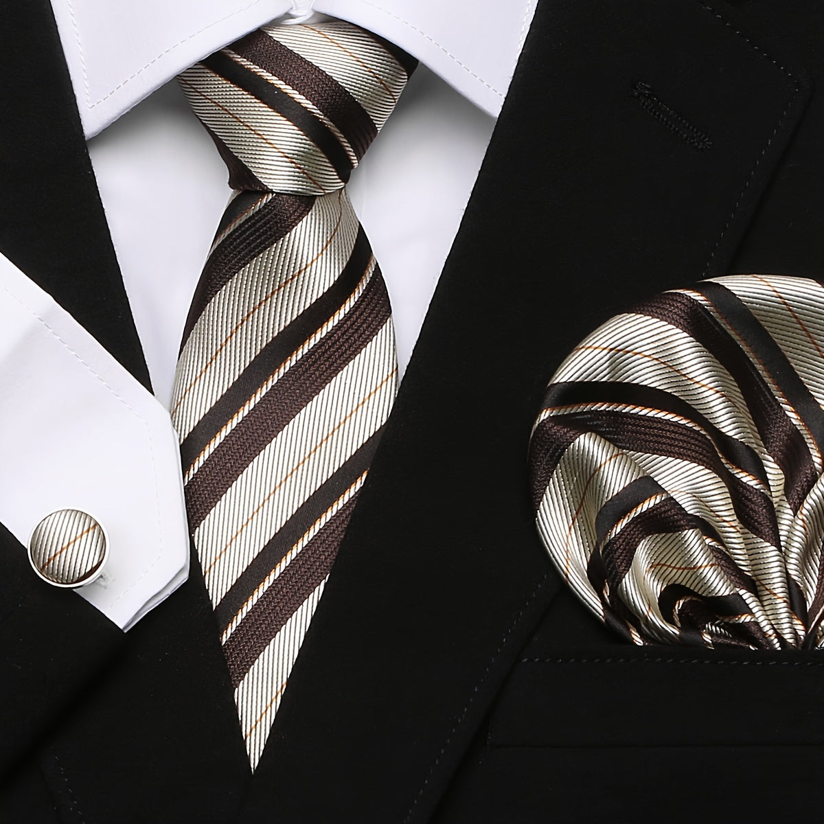 Elegant Paisley Stripe Tie Set with Pocket Square and Cufflinks for Weddings and Formal Events