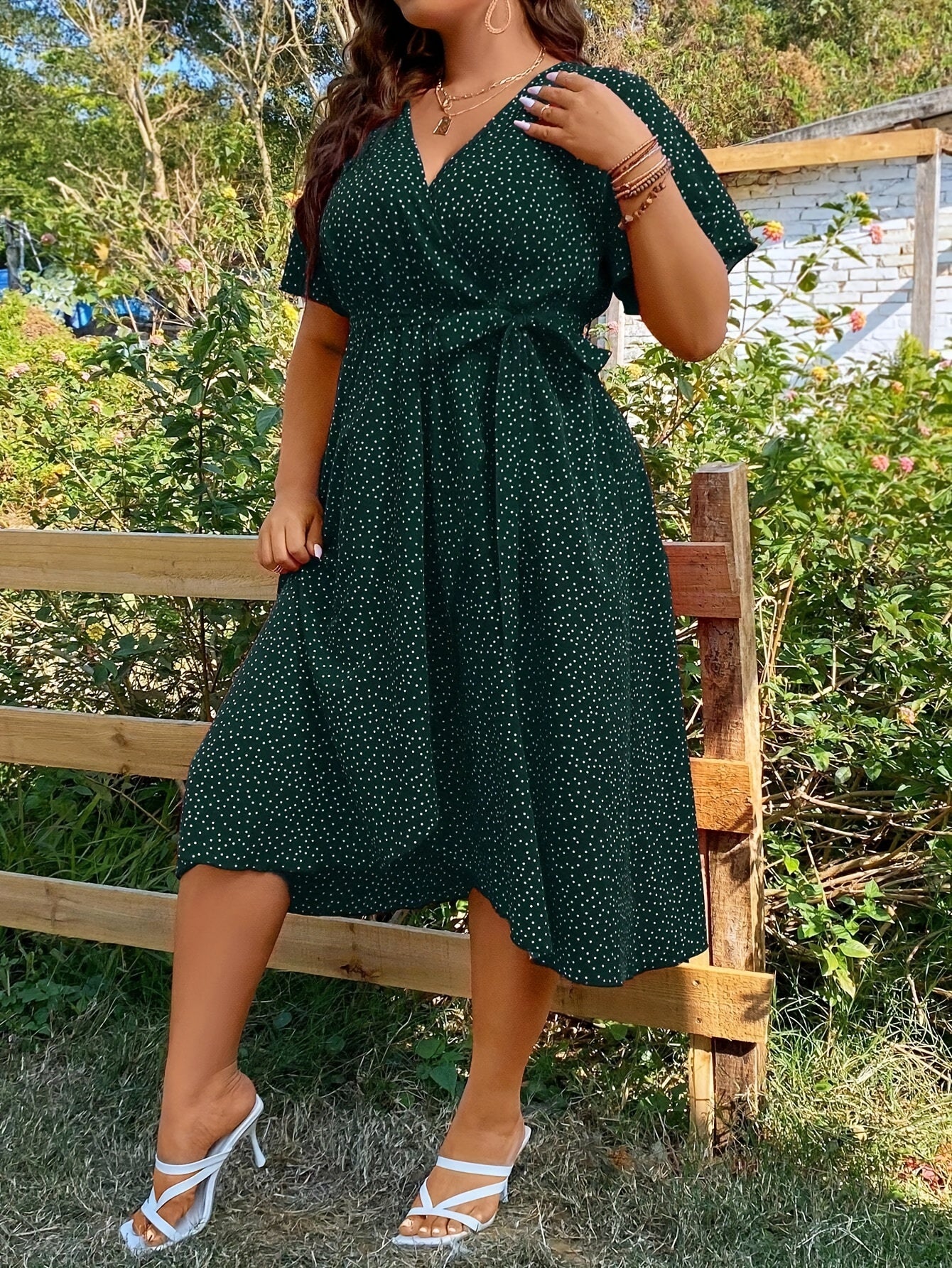 Plus Size Pin Dot Print Belted Dress for Spring Summer Women’s Vacation Style