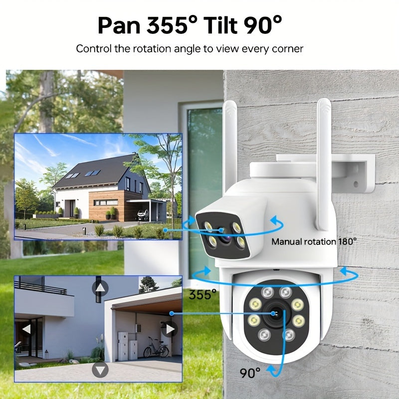 Tashqi simsiz xavfsizlik kamerasi, ikki linzali 360° ko'rinish, ilova xabarlari, rangli tungi ko'rinish, harakatni aniqlash, ikki tomonlama audio, SD/Cloud saqlash, IP65 suv o'tkazmaydigan - 4MP rezolyutsiya, 2.4g/5g Wifi'ni qo'llab-quvvatlaydi.