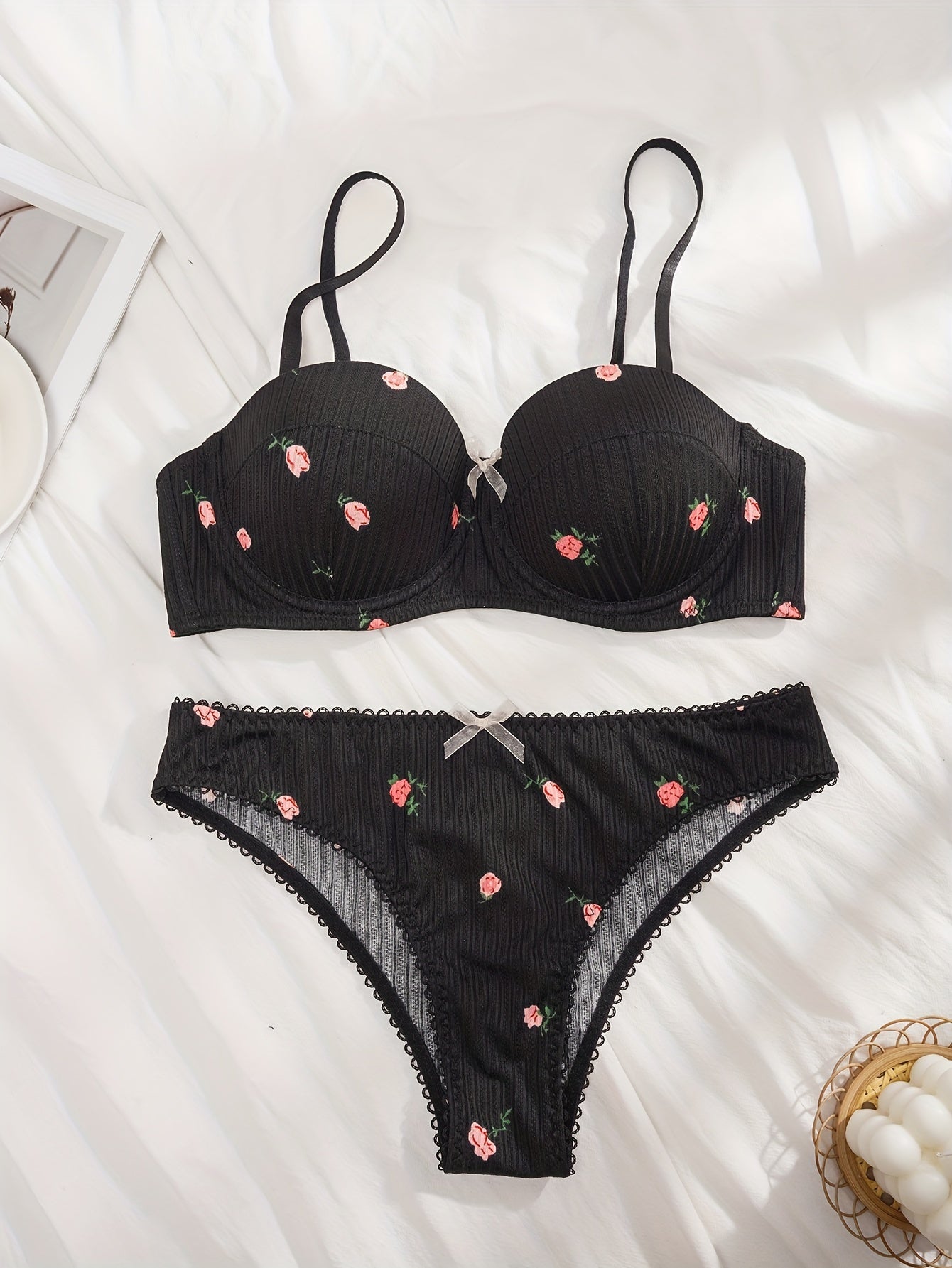 Women's Floral Print Lingerie Set with Push Up Bra and Elastic Panties