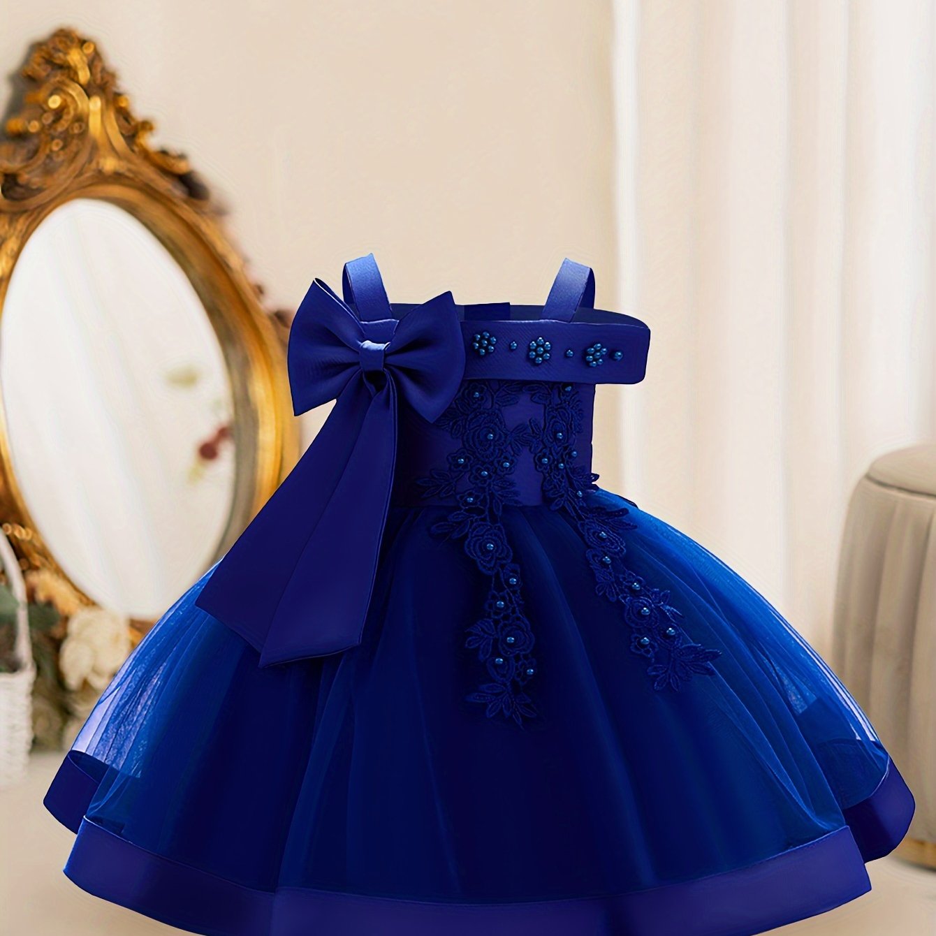 Girls Sleeveless Flower Embroidered Midi Dress with Bowknot for Formal Parties