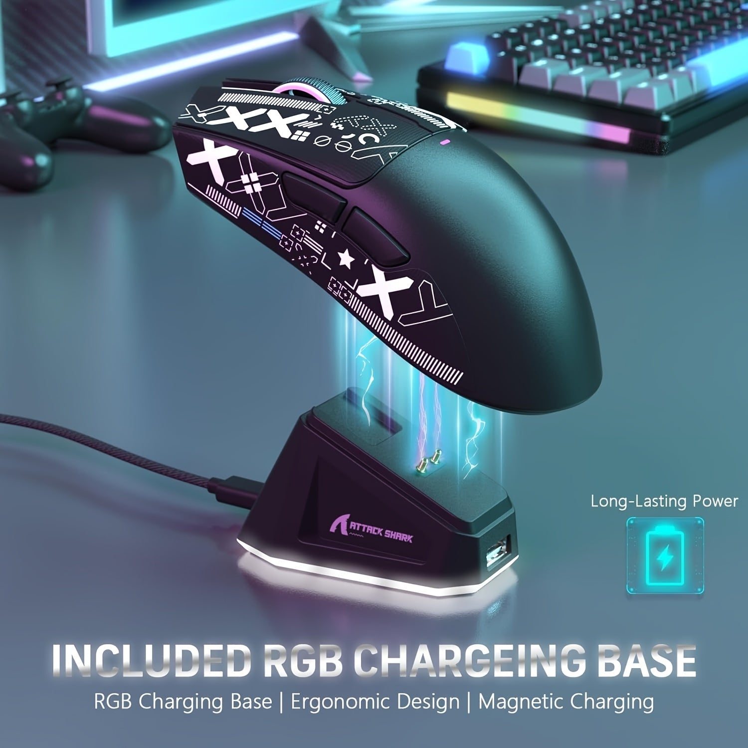 Ratón inalámbrico para juegos con base de carga RGB, sensor óptico de 22K DPI, modo triple Bluetooth, USB-C con cable