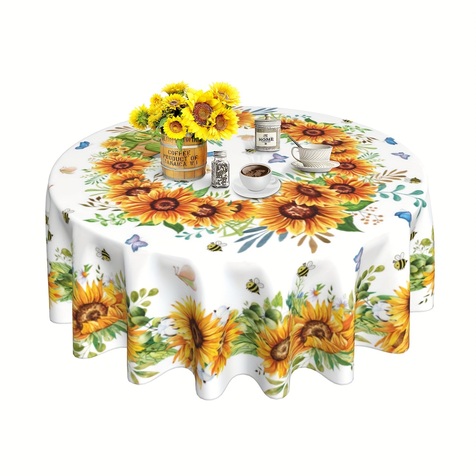 Sunflower Round Tablecloth with Floral Design Butterflies Bees Stain-Resistant Polyester Farmhouse Style for Kitchen Dining Picnic