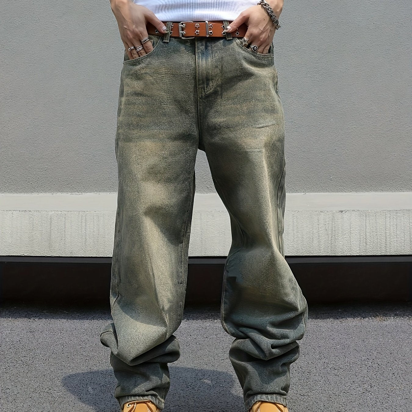 Men's Loose Fit Wide Leg Denim Jeans Cotton Raw Wash All-Season