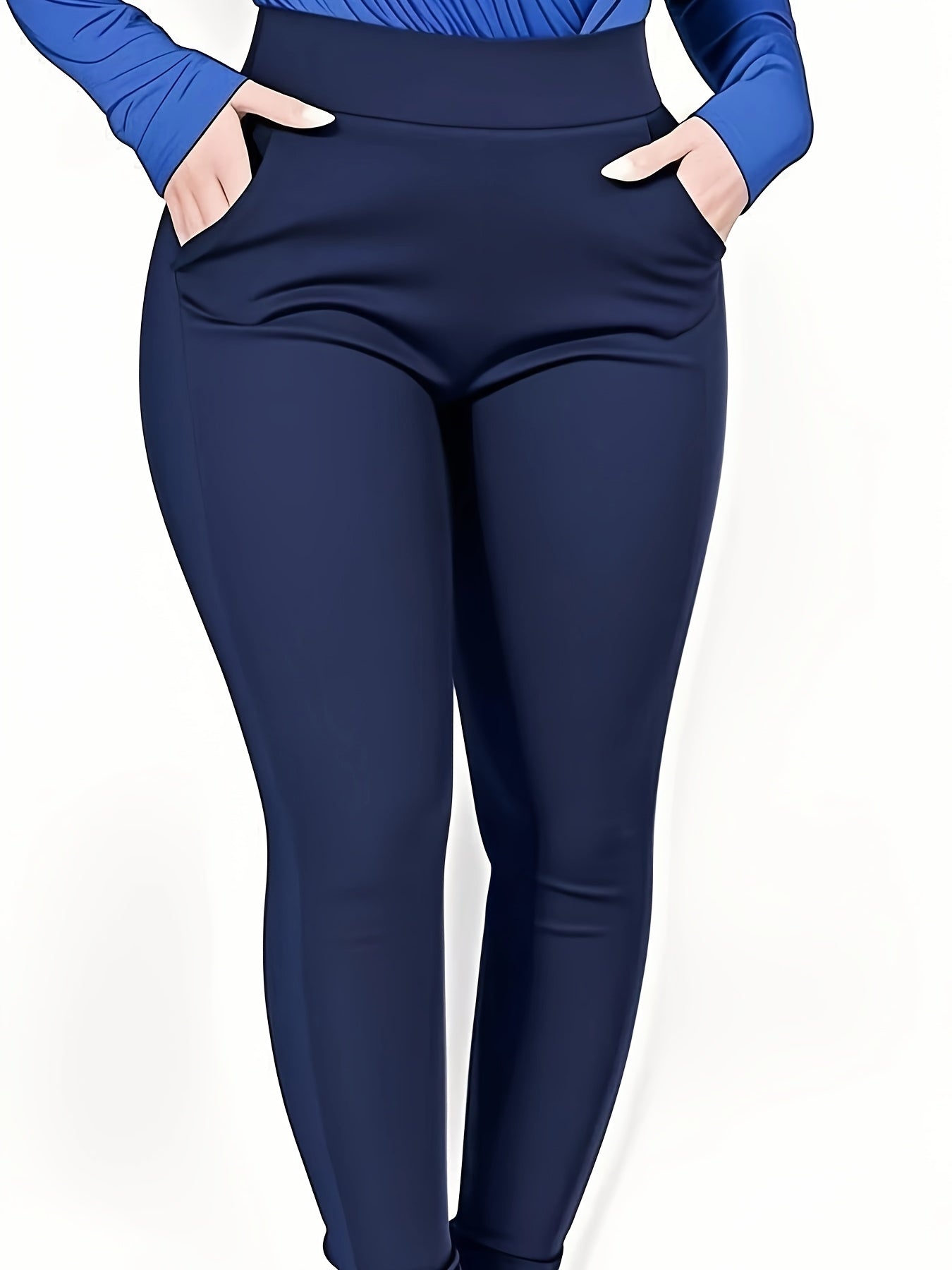 Pantalones de cintura alta con elasticidad para mujer talla grande con bolsillos azul casual entrenamiento