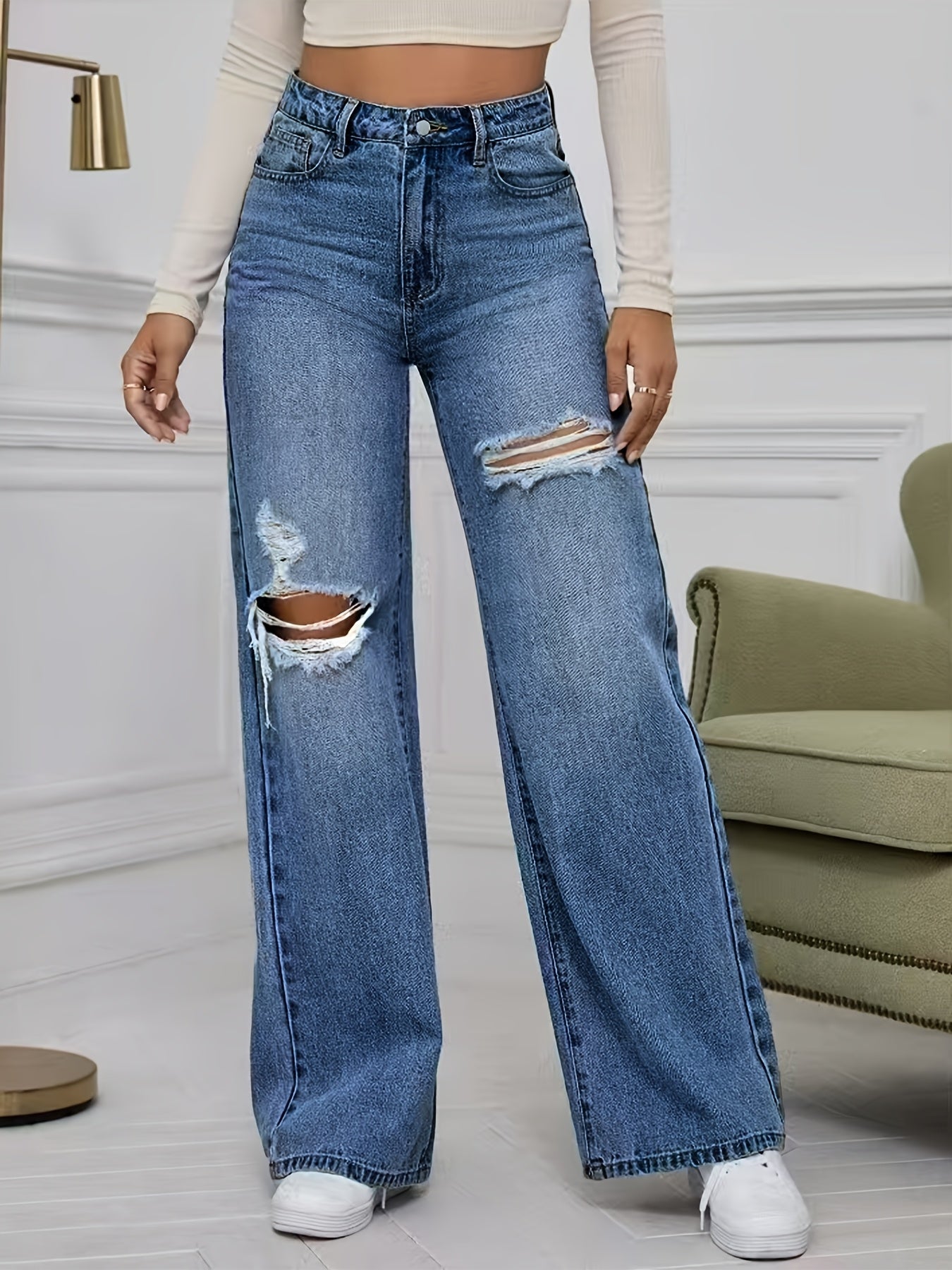 Jeans rotos de talla grande para mujer de cintura alta, pantalones de mezclilla elástica de pierna ancha