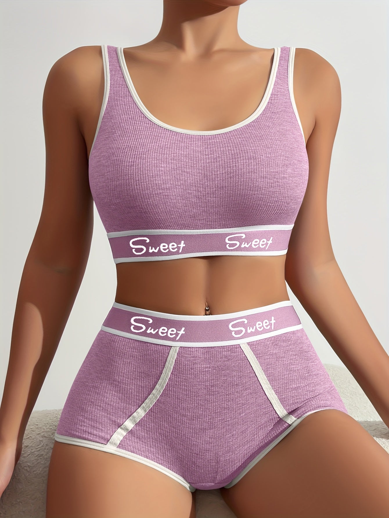 Women's Viscose Alphabet Print Lingerie Set with Soft Knit Fabric and Braid Detail