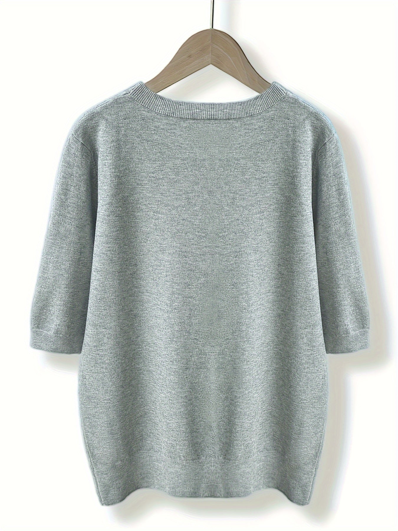 Suéter de manga corta de color sólido para mujer con cuello redondo para primavera y otoño