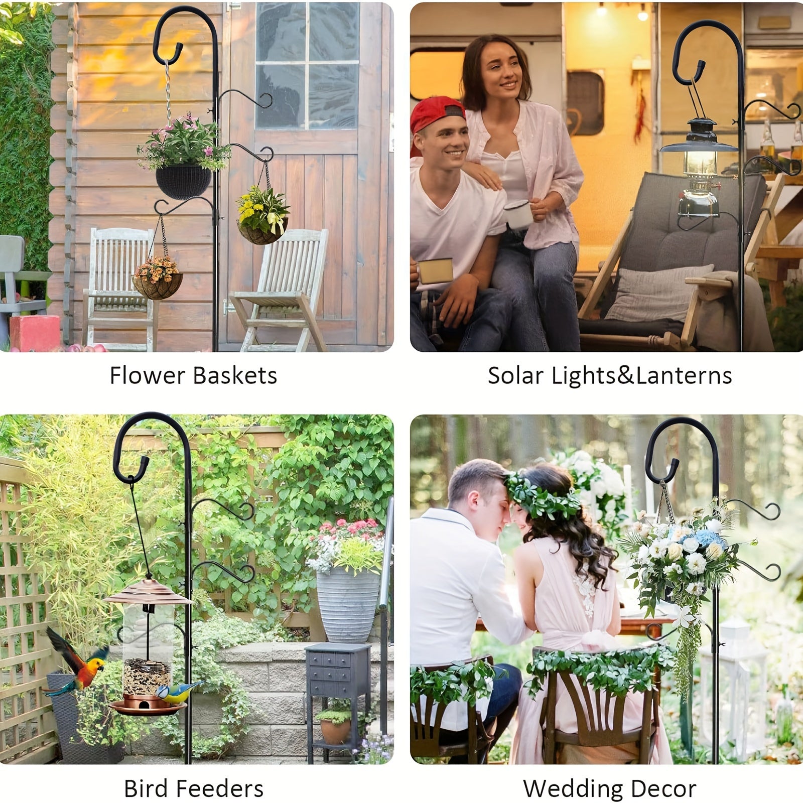 Rustic Iron Garden Hook with Three Hanging Arms and Five-Prong Base for Bird Feeders and Flower Baskets