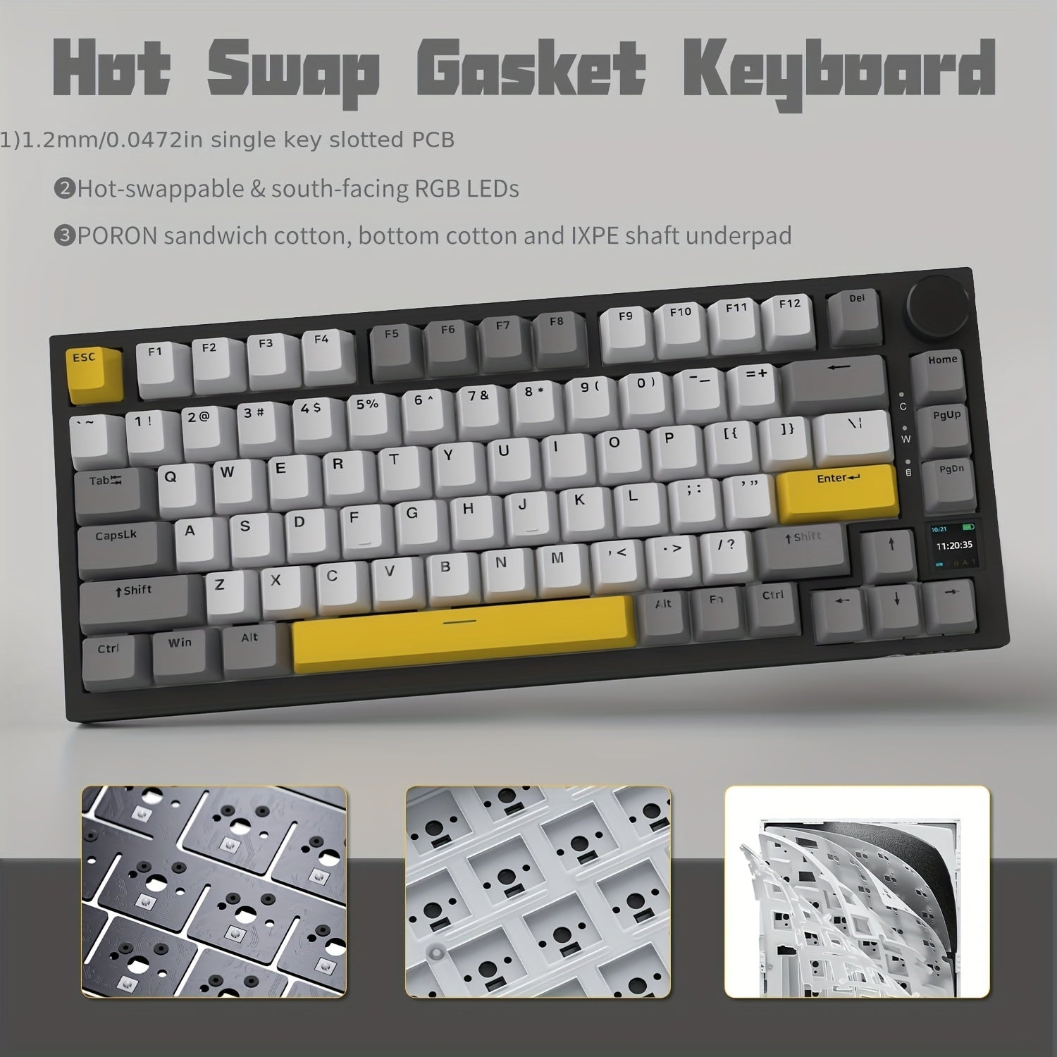 75% Mechanical Keyboard with TFT Display RGB LED Wireless Wired USB-C Knob Control Black Gray Yellow