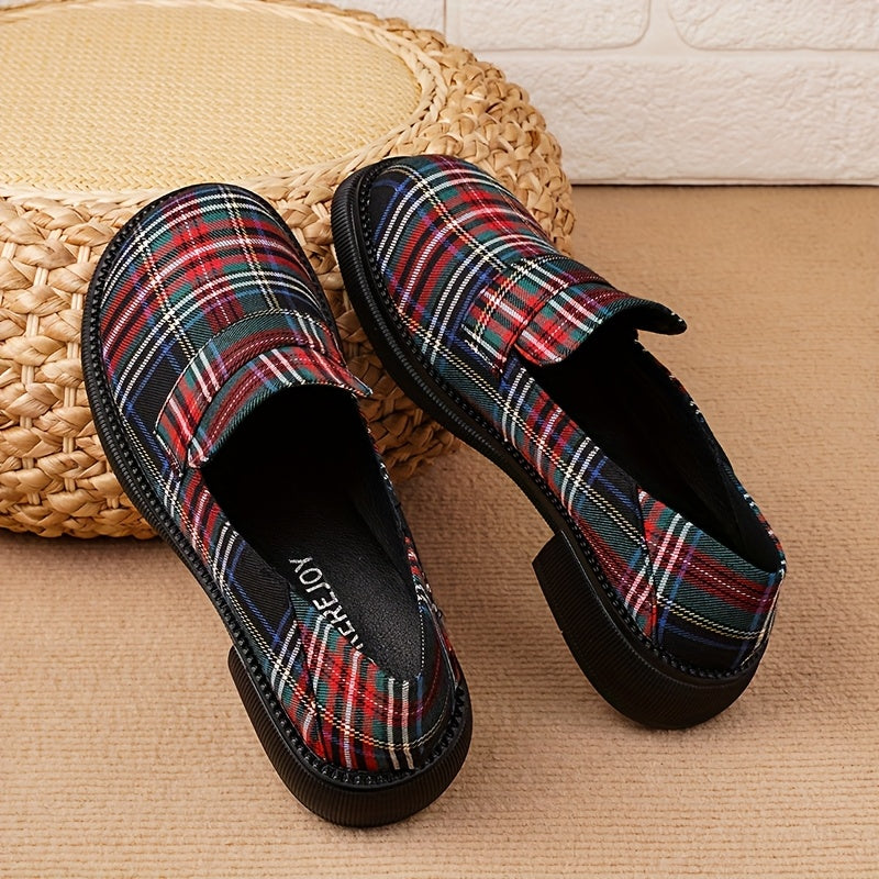 Women's Plaid Loafers Slip-On Dress Shoes Non-Slip Rubber Sole