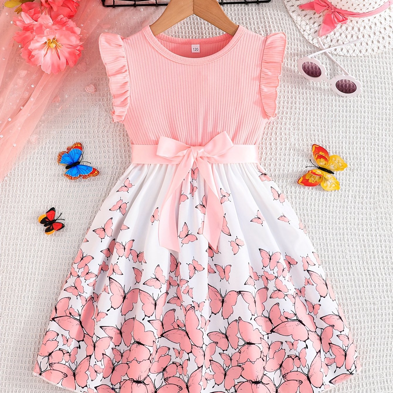 Girls Summer Butterfly Print Patchwork Dress with Belt and Sleeveless Ribbed Cuff Sleeves