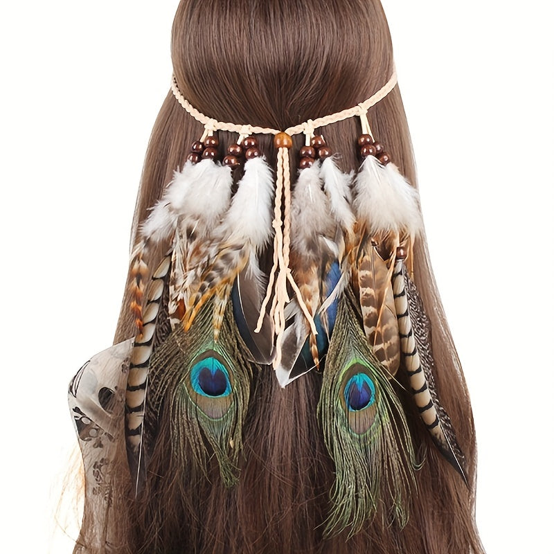 Bohemian Peacock Feather Headband with Tassels for Women