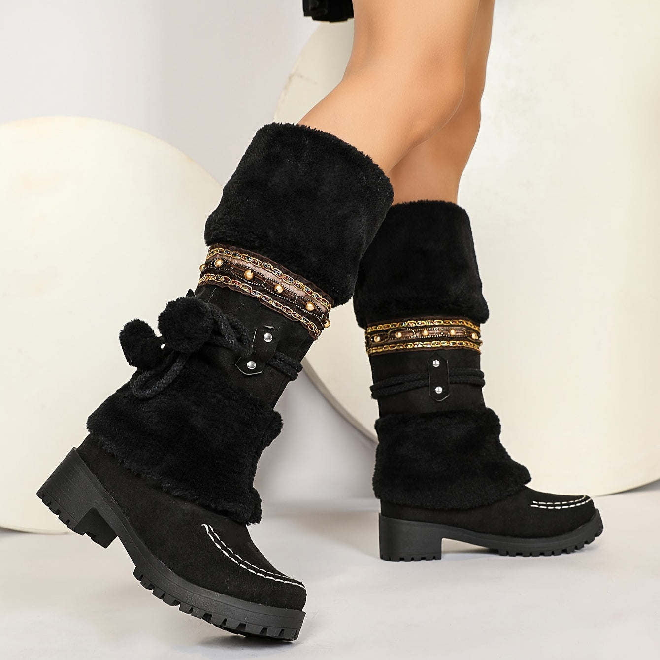 Women's Bohemian Faux Fur-Lined Winter Snow Boots with Beaded Accents Black