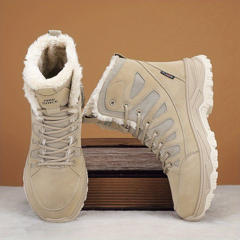 Women's Beige Slip-On Mid-Top Outdoor Shoes All-Season Hiking Boots