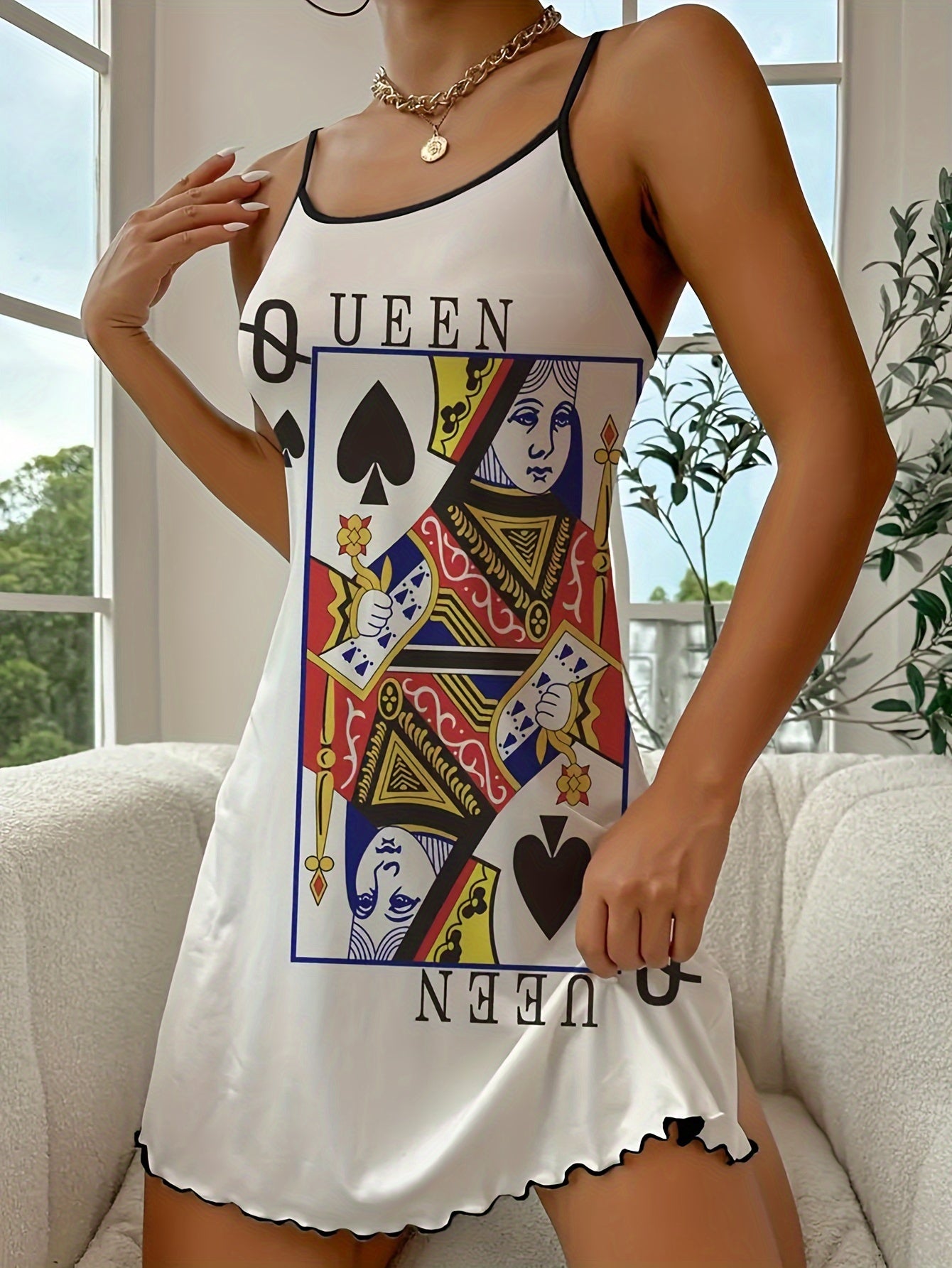 Women's Backless Nightgown with Poker Print Ruffle Trim Polyester Blend All-Season