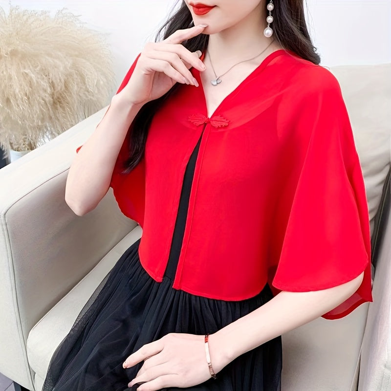 Women’s Chiffon Shawl with Frog Button Closure for Spring and Summer