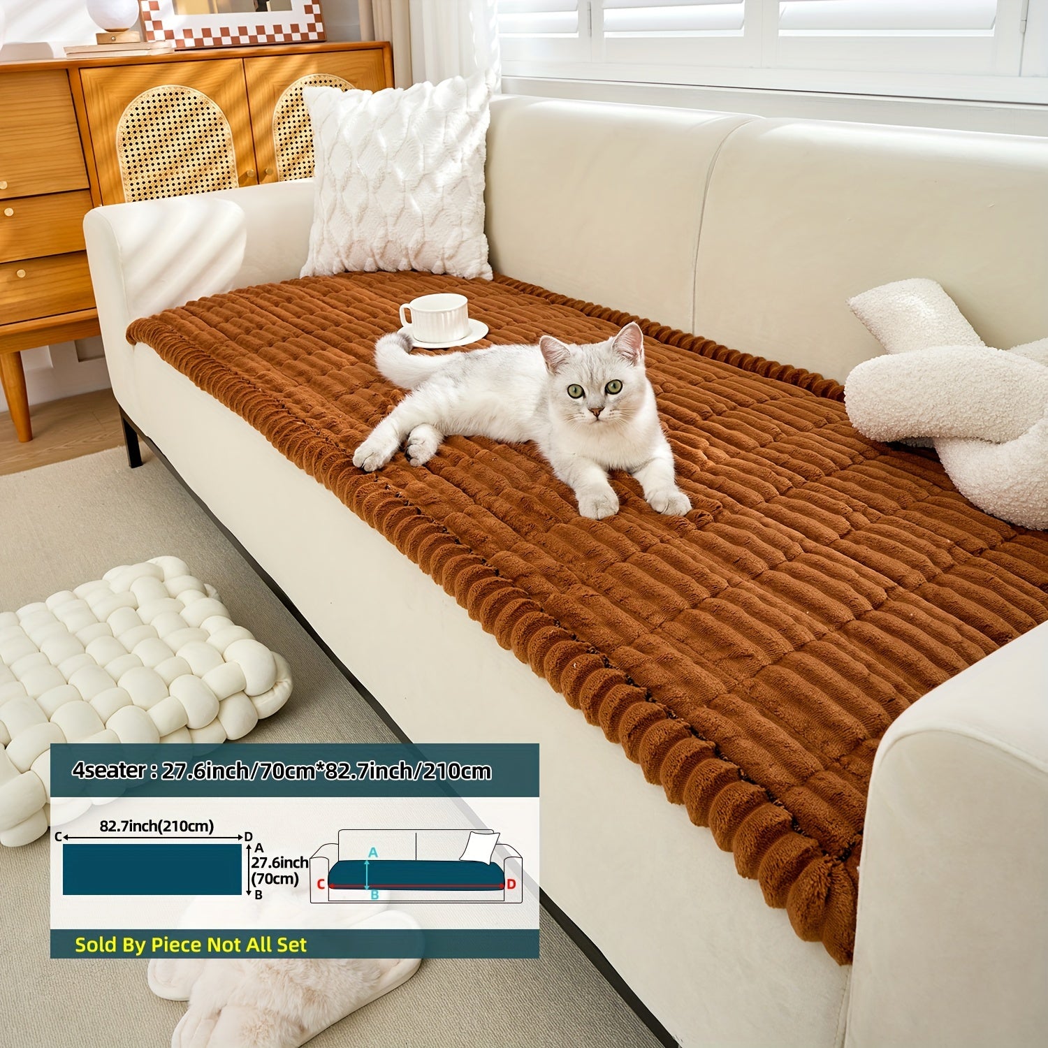 Boho Style Quilted Short Plush Sofa Cover with Ruffle Design Non-Slip Pet Friendly Machine Washable