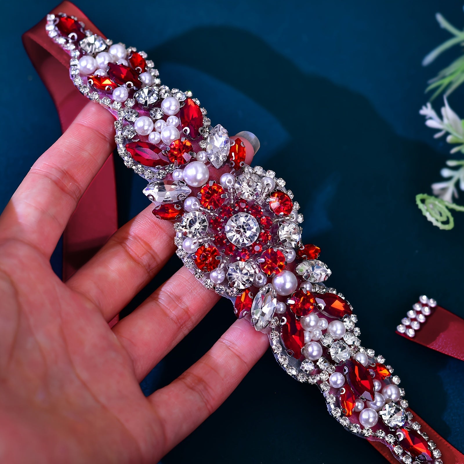 Red Satin Wedding Sash Belt with Rhinestones for Bridal Dresses and Evening Gowns