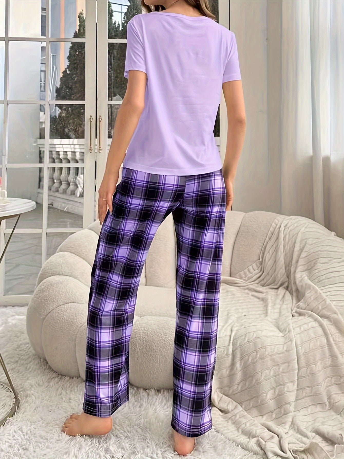 Women's Casual Heart Letter Print Pajama Set Short Sleeve Top Plaid Pants