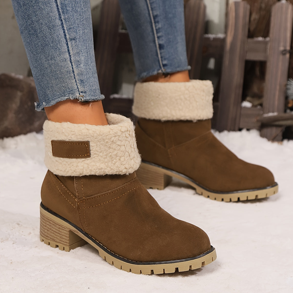 Women's Winter Slip-On Chunky Heel Snow Boots with Faux Fur Lining