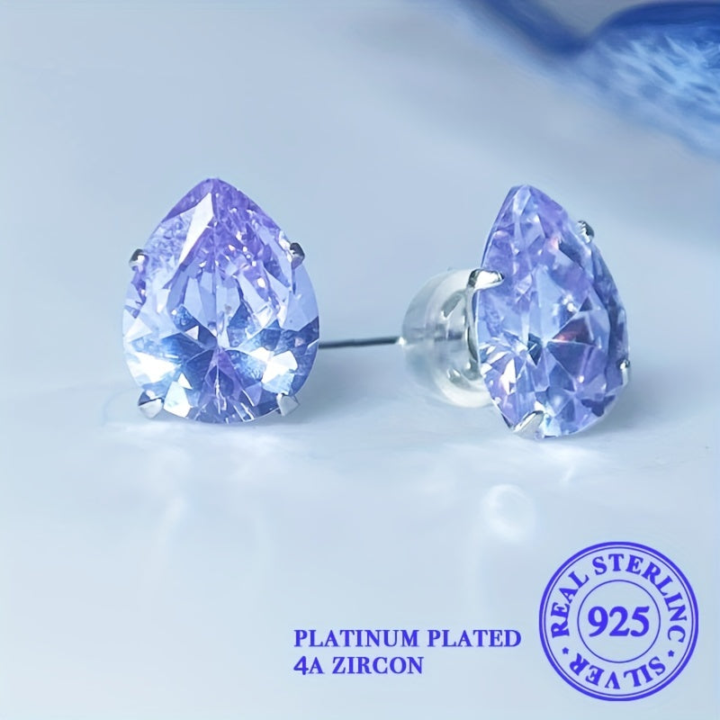 Sterling Silver Water Drop Earrings with Blue Zirconia for Women