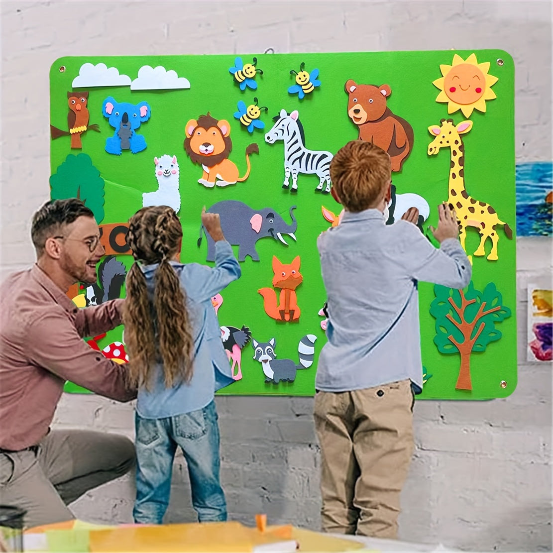 Educational Felt Story Board Set for Children with Animal Figures for Wall Hanging