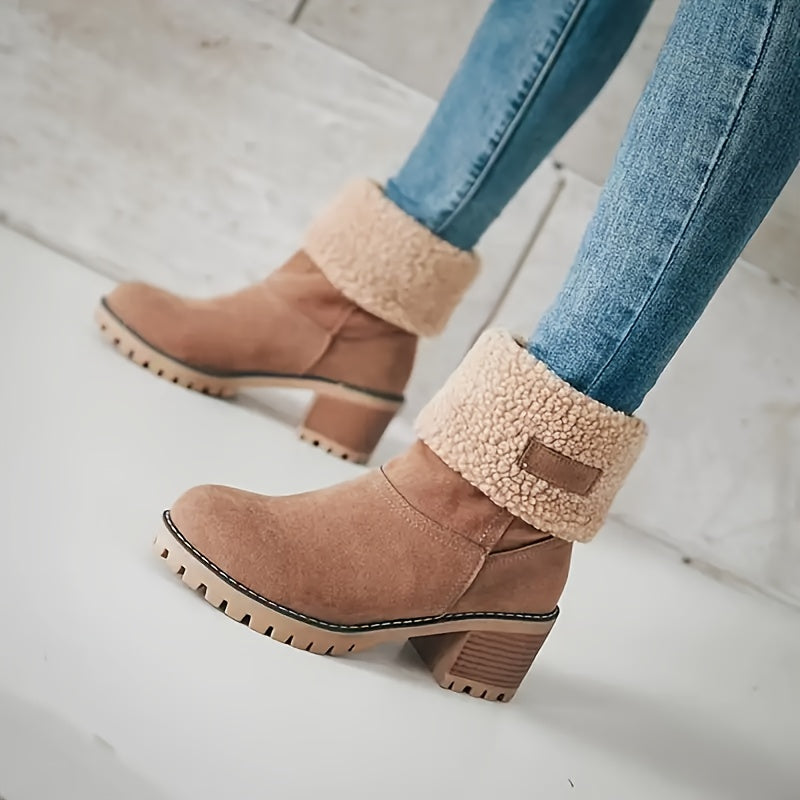 Women's Solid Color Mid Heel Ankle Boots with Faux Fur Trim Slip-On Platform Shoes