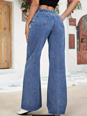 Women's Wide Leg Denim Pants with Elastic Waistband and Medium Stretch Fabric