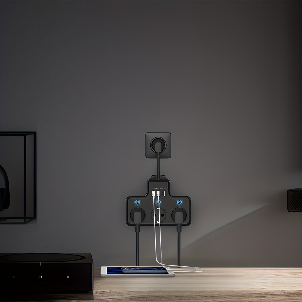 Wall-Mounted Power Strip with USB-C and Dual USB Ports for Home Office Space Saving