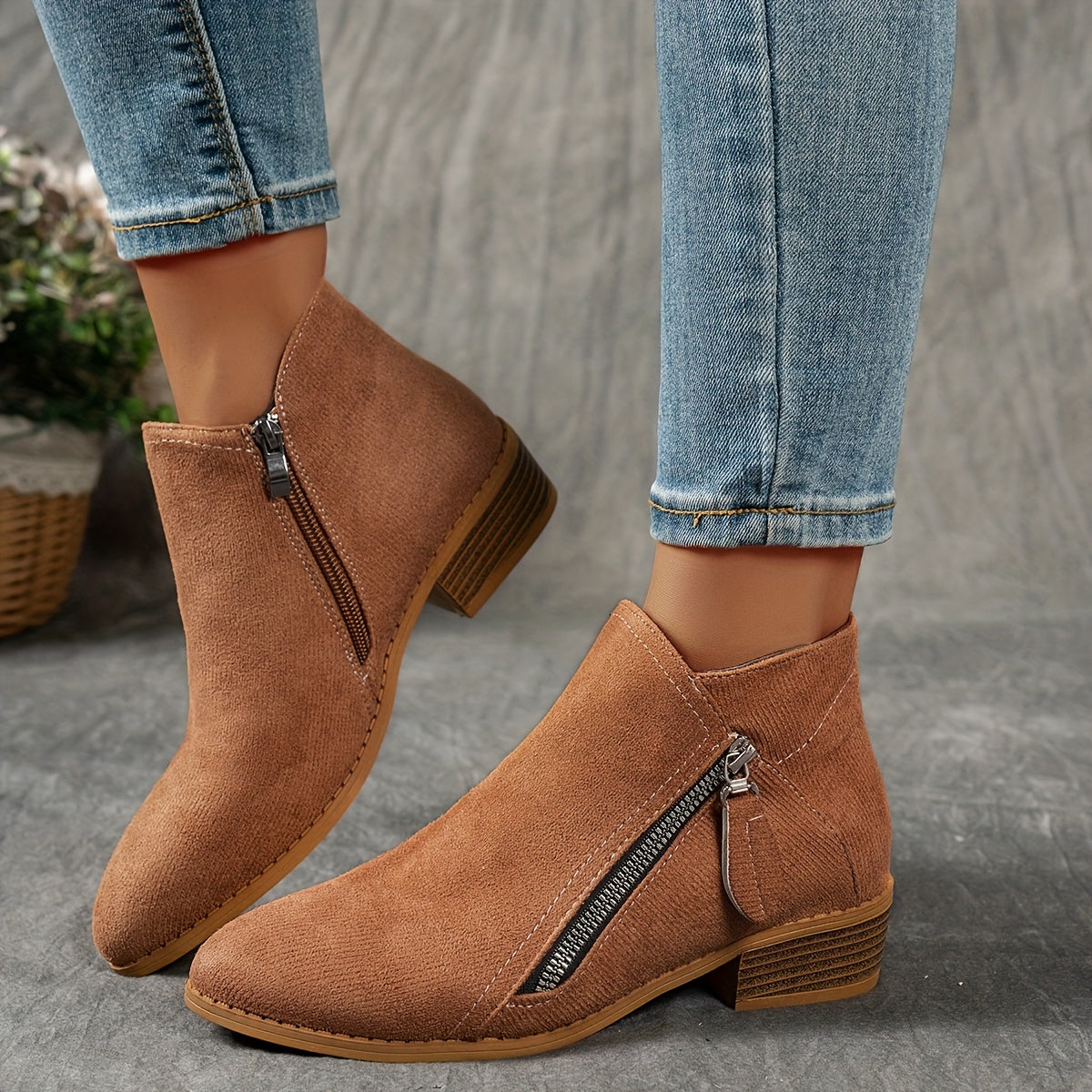 Women's Velvet Chunky Heel Ankle Boots with Slip-On Zipper and Non-Slip Sole