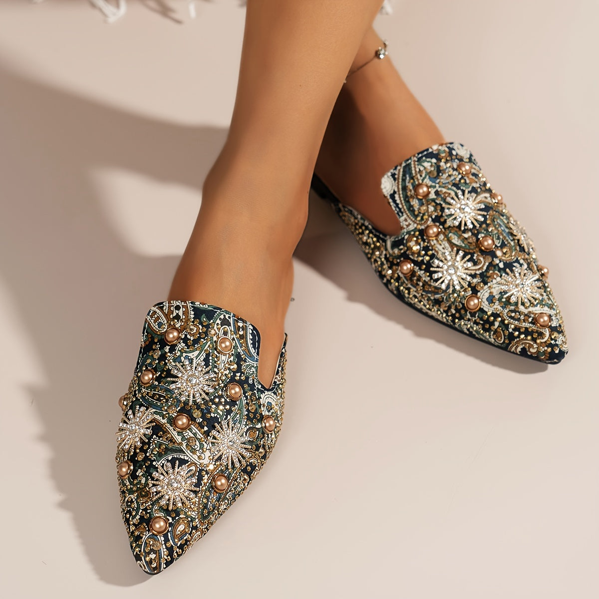 Women's Slide Sandals Pointed Toe Star Pattern Flat Slip-On Summer Fabric