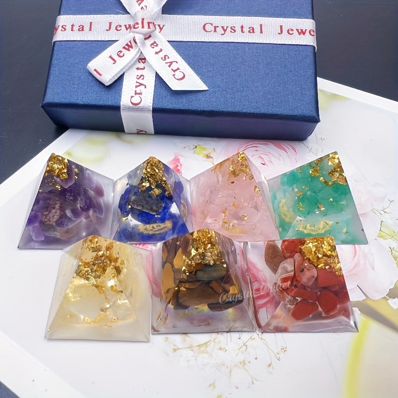 Set of 7 Natural Crystal Orgone Mini Pyramids in Gift Box Reiki Healing Gemstone Resin Decor