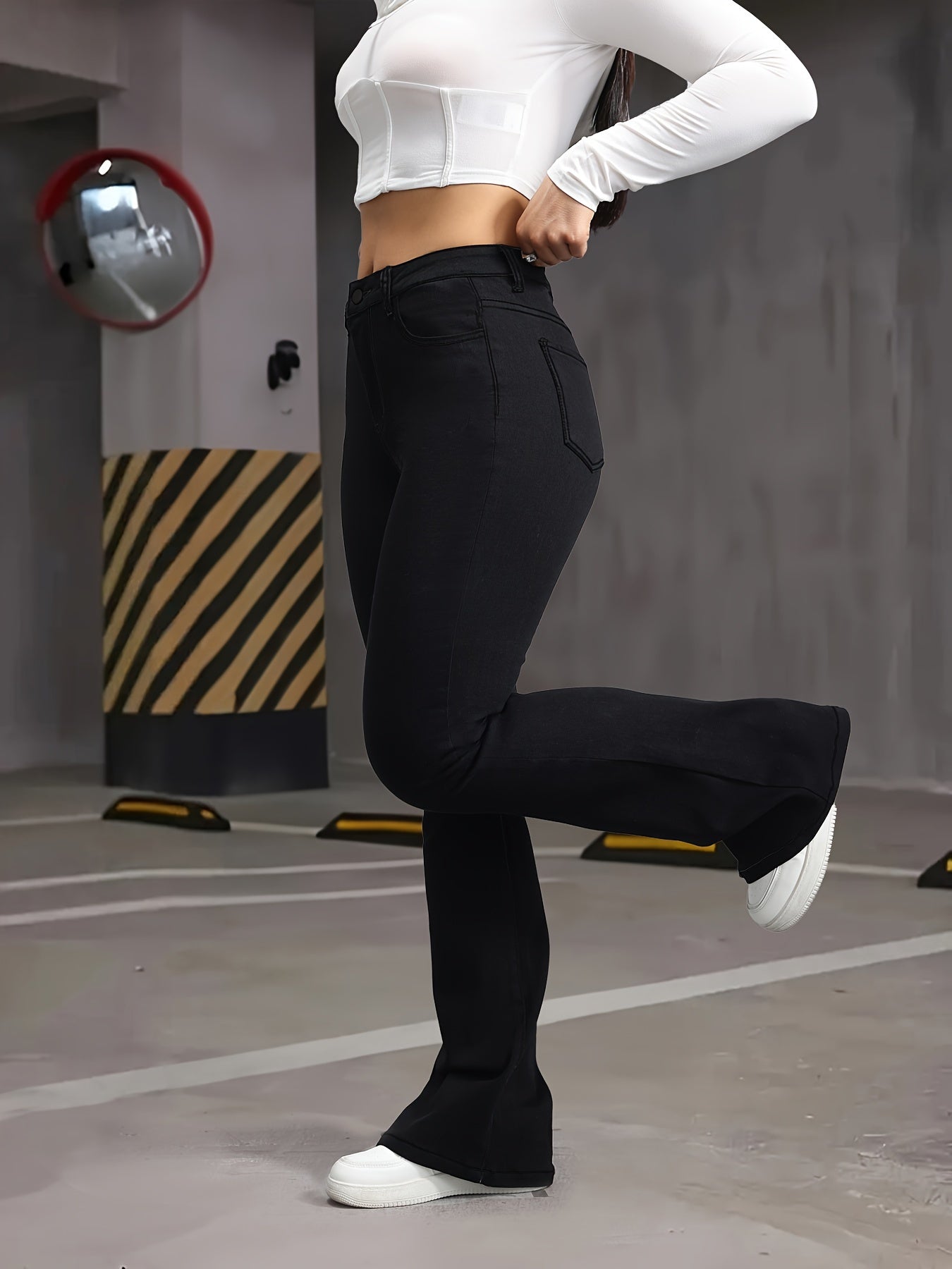 Plus Size High Waist Flare Jeans Stretch Denim Bell Bottoms Solid Color